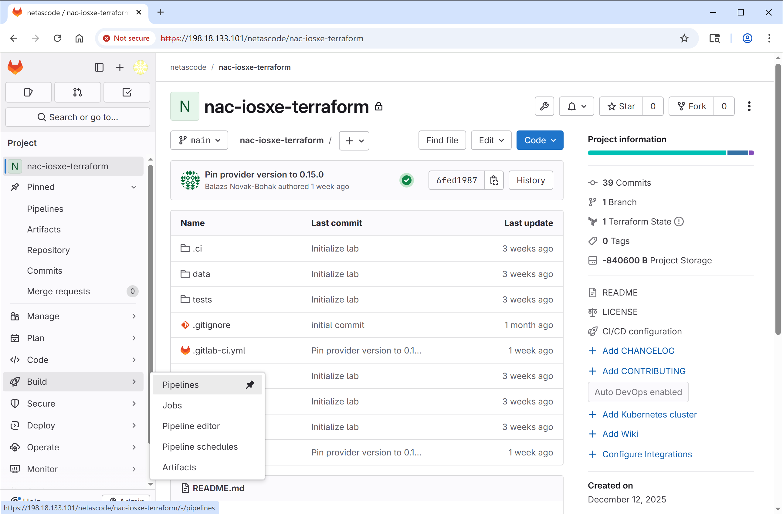 Pipelines Menu